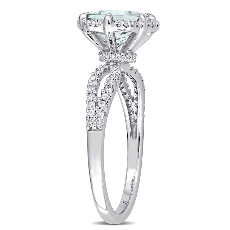 Miadora 14k White Gold Aquamarine and 1/3ct TDW Diamond Floral Halo Split Shank Engagement Ring