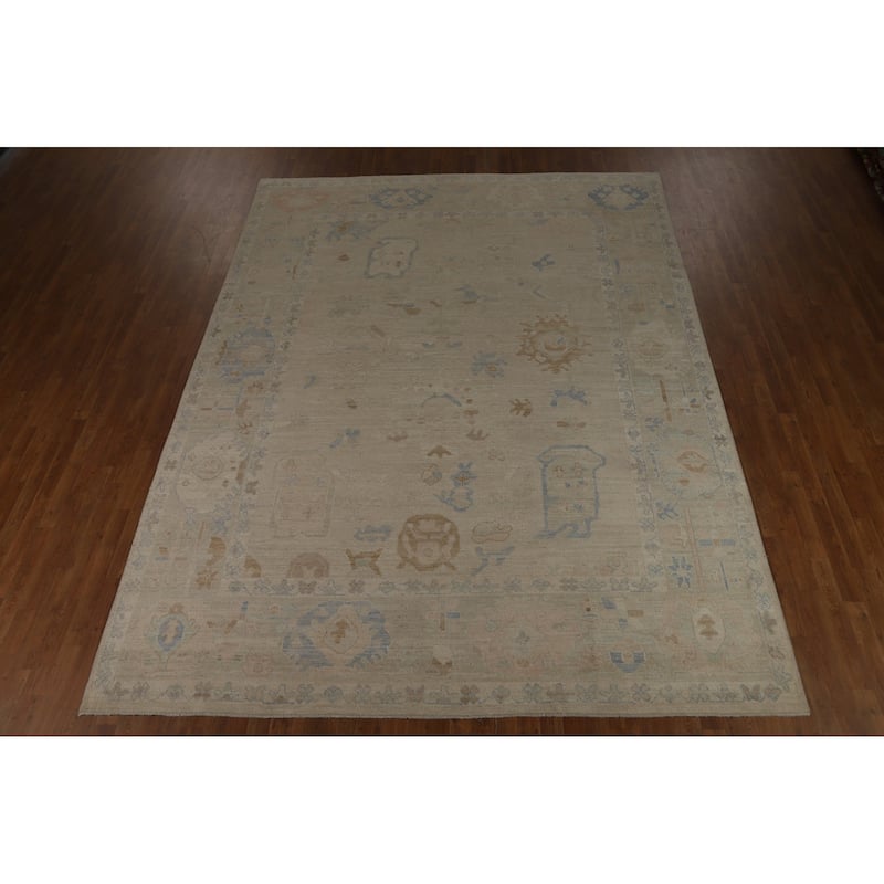 Vegetable Dye Beige Oushak Turkish Rug Hand-Knotted Wool Carpet - 9'1" x 12'1"