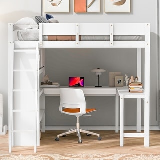 Full Size Loft Bed, Wood Full Loft Bed Frame with Desk and Shelf,White