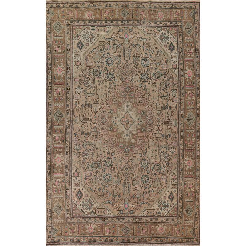 Hand Knotted Oriental 100% Wool Carpet Traditional Medallion Peach Tabriz Area Rug - 9' 7'' X 6' 7''