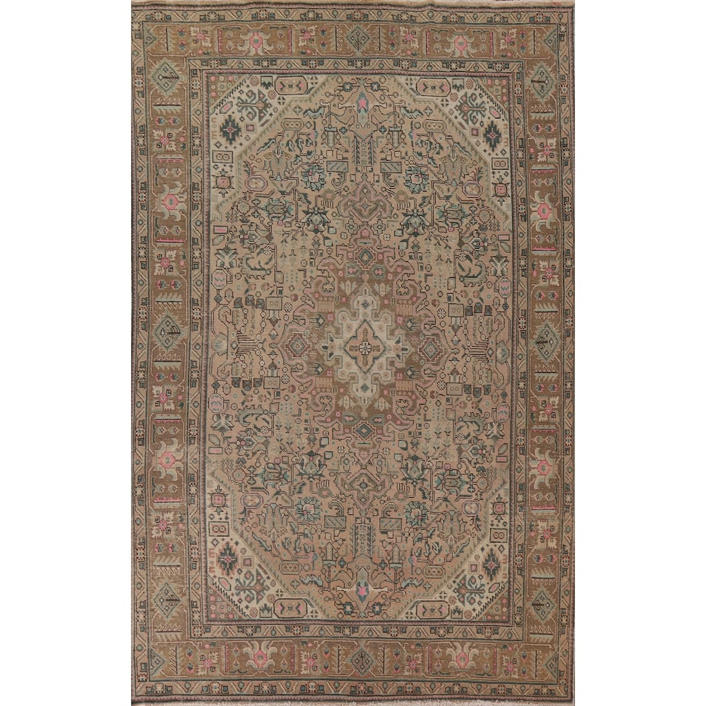 Hand Knotted Oriental 100% Wool Carpet Traditional Medallion Peach Tabriz Area Rug - 9' 7'' X 6' 7''