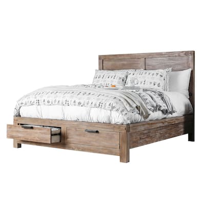 Queen Bed with Storage Drawer and Panel Headboard, Oak Brown