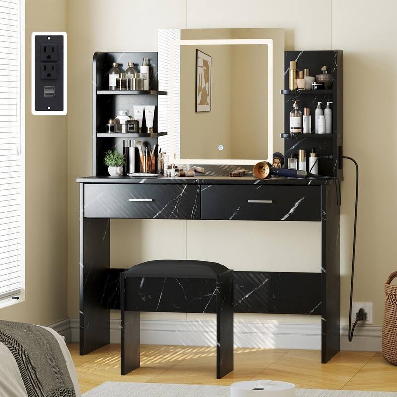 Makeup Vanity Set with Mirror, Stool， Charging Station， 2 Drawers, 6 Shelves