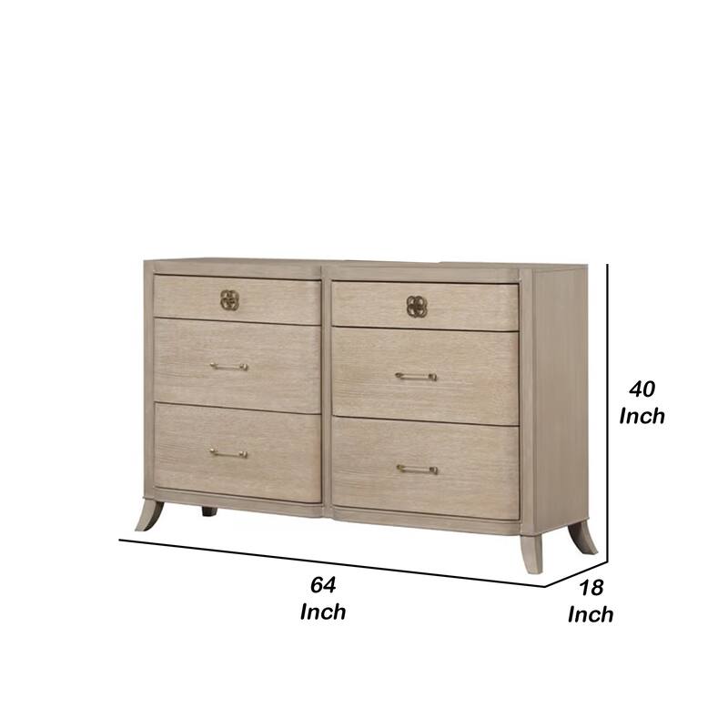 Fea 6 Drawer Wide Dresser, Natural Oak Brown Solid Wood, Acrylic