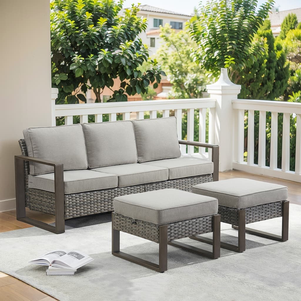 Outdoor PE Wicker Sofa and 2 Ottomans - Grey