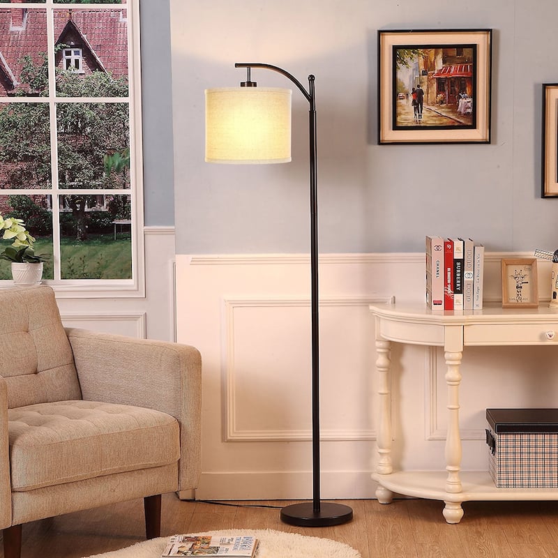 Brightech Montage 62 in. Mid-Century Modern LED Super Bright Floor Lamp with Beige Fabric Drum Shade