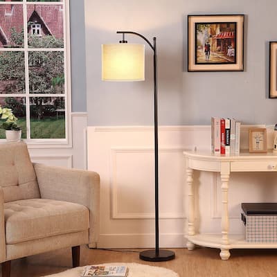 Brightech Montage 62 in. Mid-Century Modern LED Super Bright Floor Lamp with Beige Fabric Drum Shade