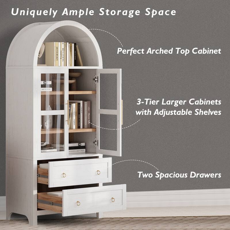 71"Tall Arched Kitchen Pantry Cabinet with 2 Large Drawers, Kitchen Storage Cabinets with Adjustable Shelves, Glass Door