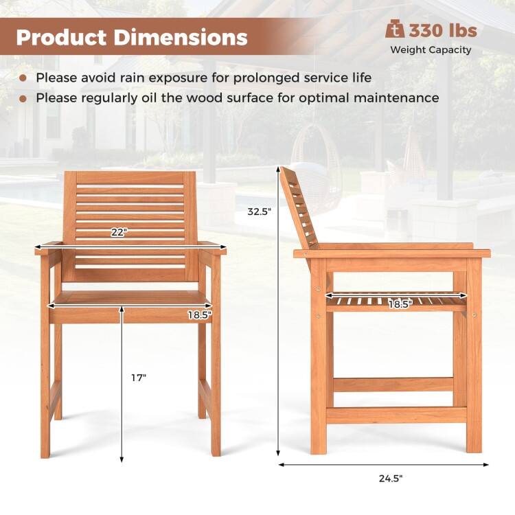 Natural Wood Patio Chairs Set of 2 with Ergonomic Backrest and Slatted Seat - 24.5" x 22" x 32.5"