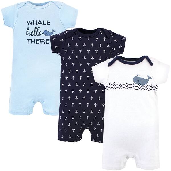 slide 1 of 1, Hudson Baby Infant Boy Cotton Rompers 3pk, Sailor Whale 0 - 3 Months - Blue