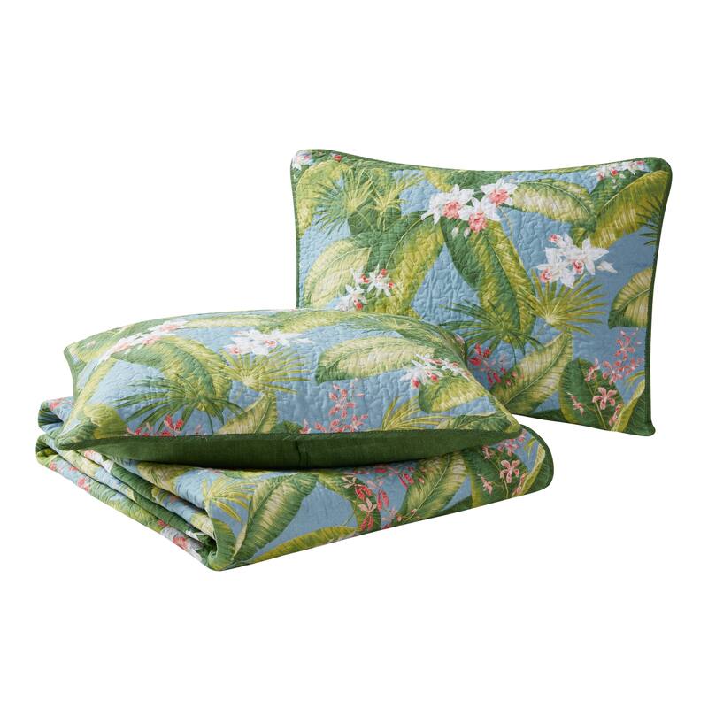 Tommy Bahama Aregada Dock Tropical Foliage Soft Textured Quilt (Blue, 3 Piece Set)