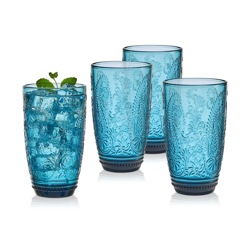 Medallion Highball Glass Set of 6, 16 oz, Durable Glasses, Etched Patterns,  Textured Glass Cups, Tall Drinking Glasses Ideal for Water, Juice, Beer,  Cocktails, and Iced Tea 