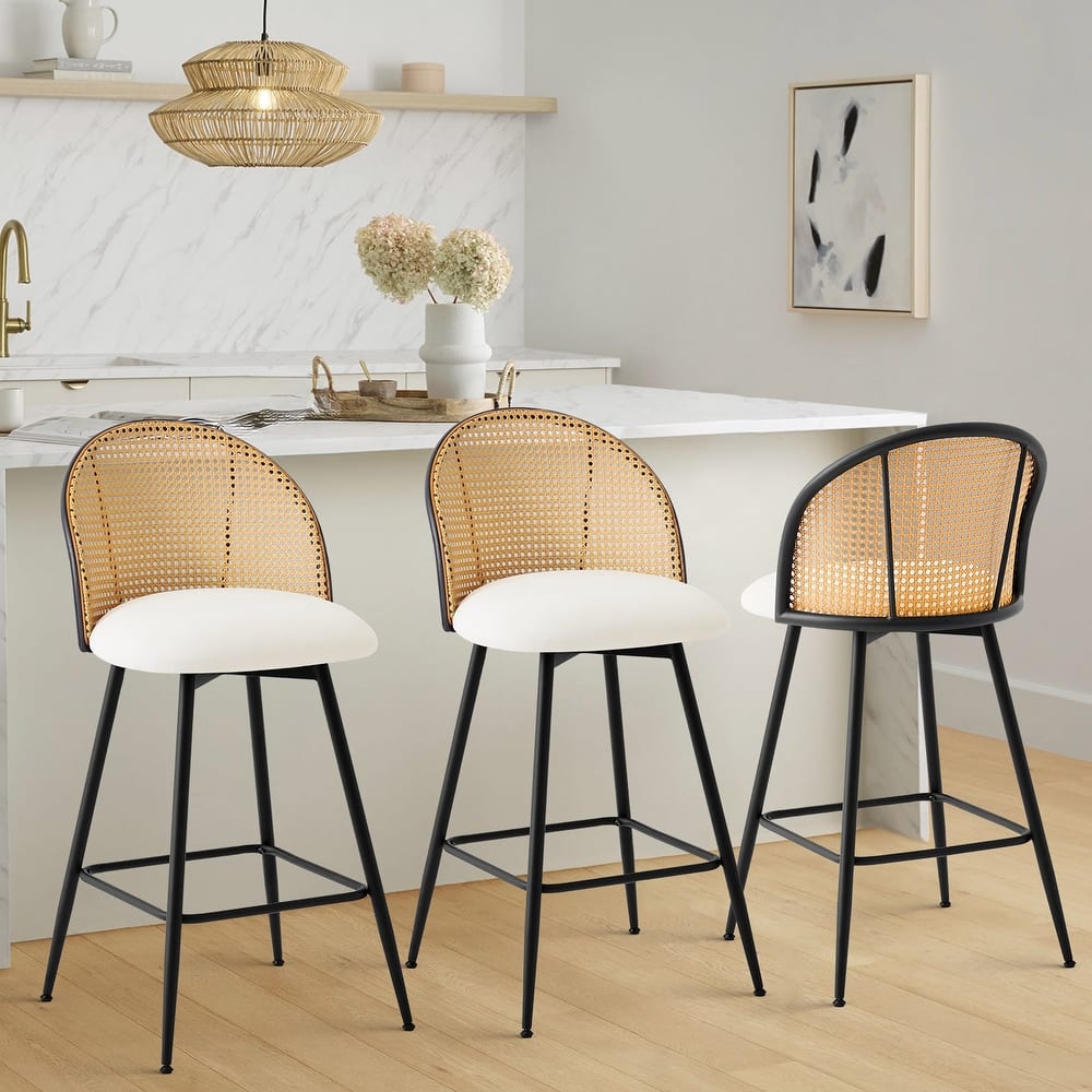 26-Inch Swivel Counter Height Bar Stools with Rattan Back - 36"H x 18.5"W x 19.7"D