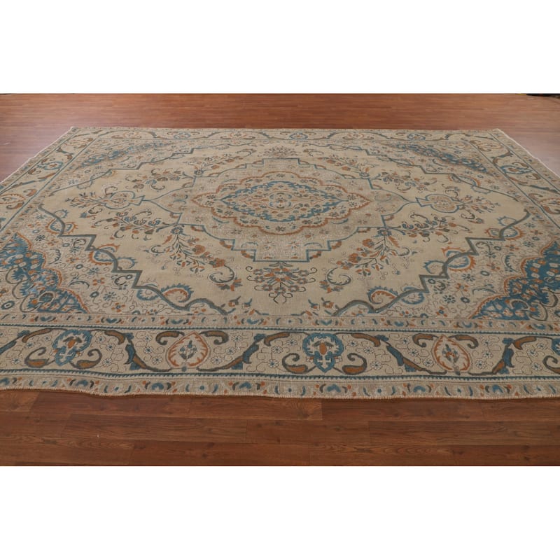 Distressed Tabriz Persian Vintage Area Rug Handmade Wool Carpet - 9'2" x 12'10"
