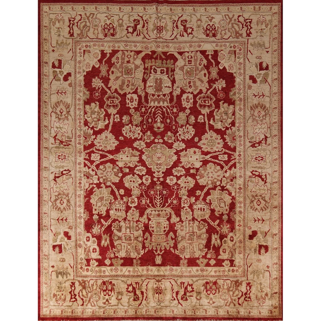 Red Peshawar Oriental Area Rug Hand-Knotted Wool Carpet - 7'10"x 9'4"
