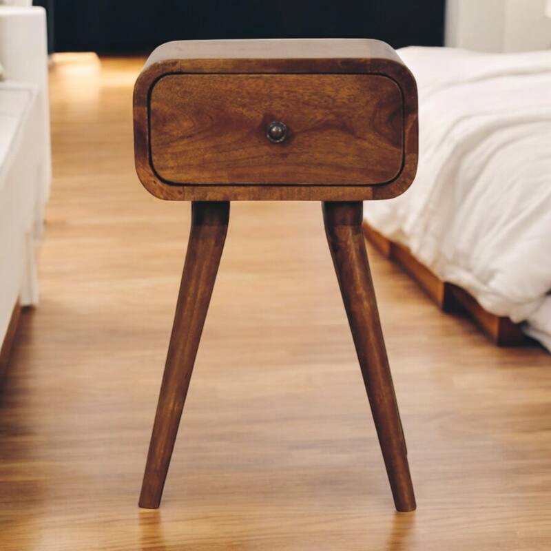 Mini Chestnut Nightstand with Drawer, Nordic Legs, Solid Mango Wood - Brown