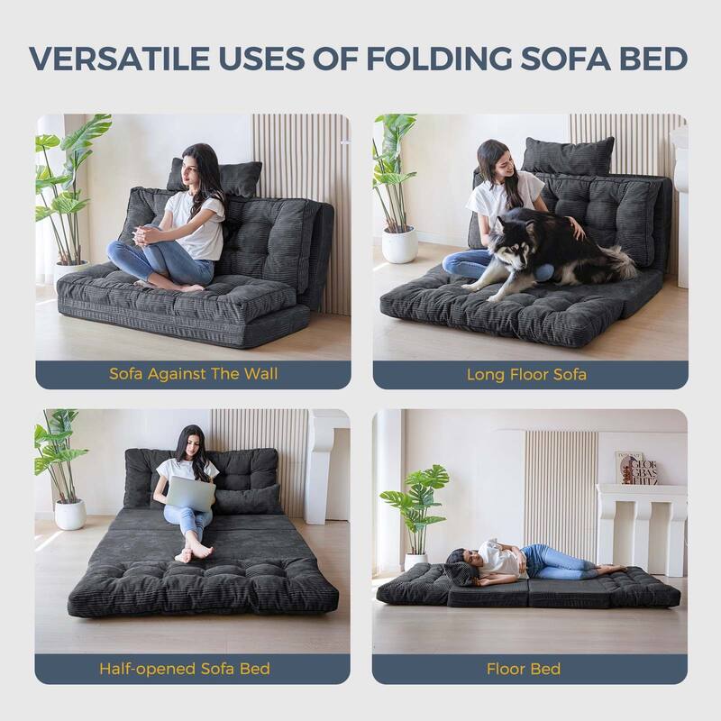 Corduroy Bean Bag Bed Tufted Folding Sofa Bed with Pillows