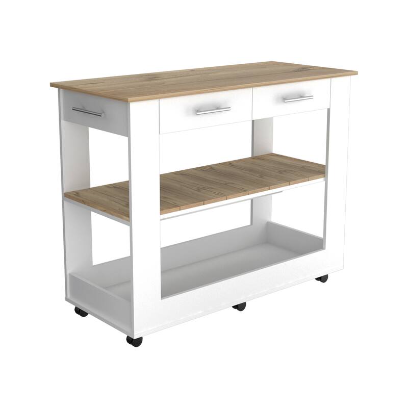 Cala Kitchen Island 46, Six Casters, Two Drawers, Lower Open Shelf -White / Light Oak - Multicolor