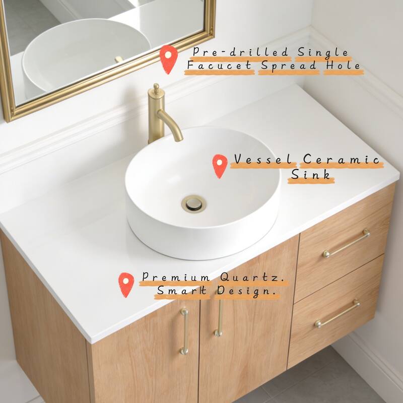 Prismella 36" 48" Floating Vanity with Round Vessel Sink, Quartz Top