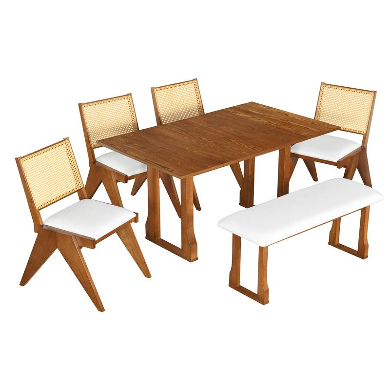 6 Piece Extendable Dining Table Set w/ 4 Upholstered Dining Chairs and Bench