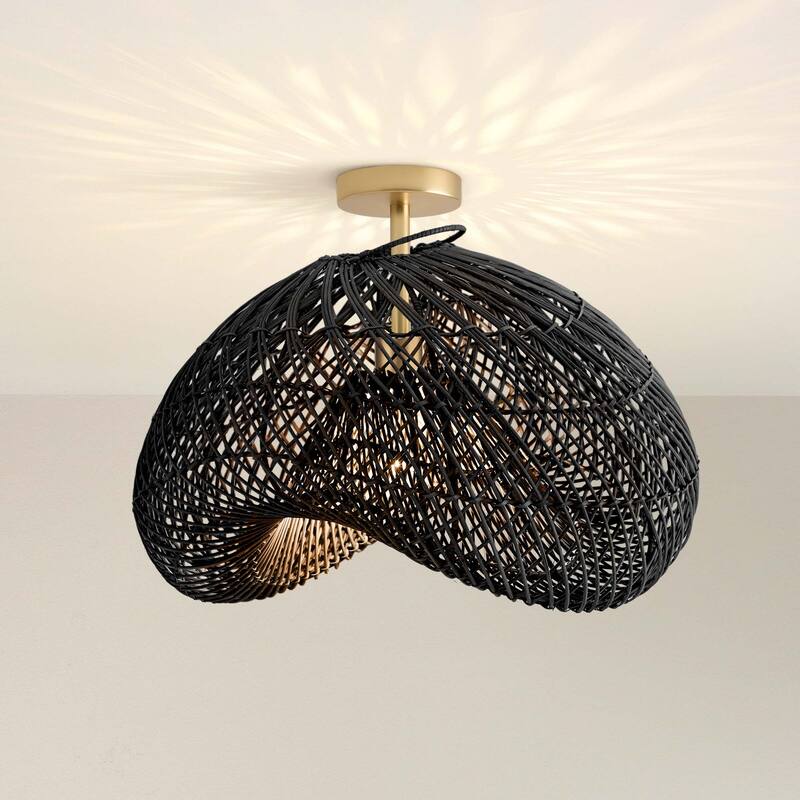 Lucian Rattan Flush Mount - Rattan Black 1-Light Handwoven Ceiling Light for Bedroom or Dining Room in Farmhouse, Country Style