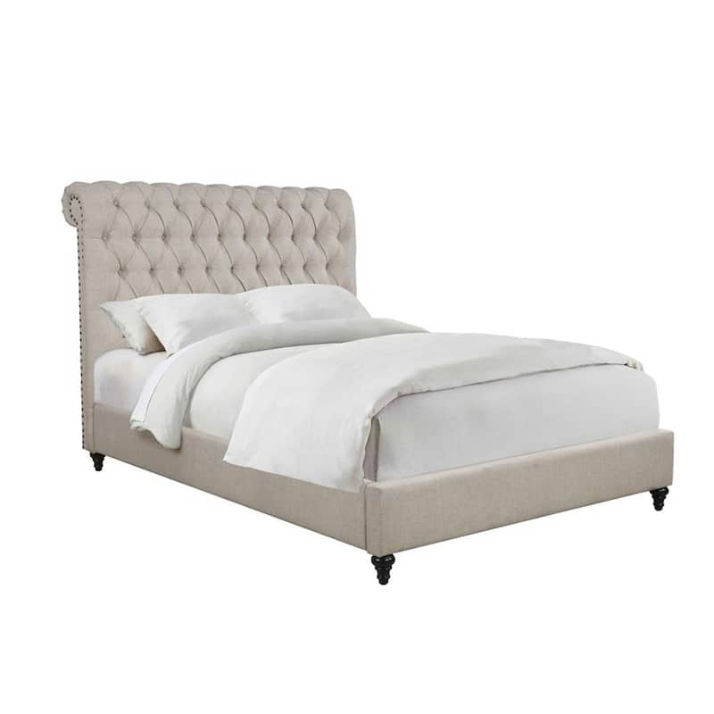 Button Tufted Fabric Upholstered Queen Size Bed, Beige - Beige - Queen