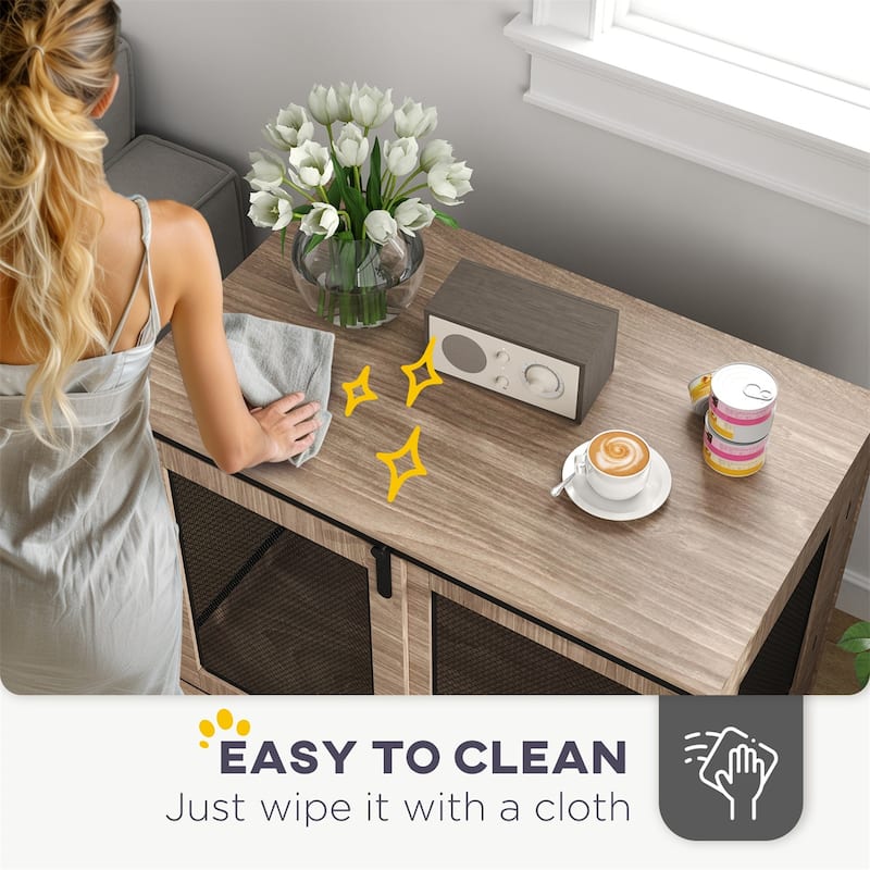 Walnut Brown Dog Crate Furniture with Barn Door Side Door Fine Mesh and Adjustable Feet