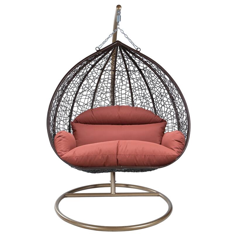 2-Person Egg Swing Chair in Brown Stainless Steel 2-Seater Porch Swing with Stand for Outdoor and Indoor - 77.95" Height - Dark Orange