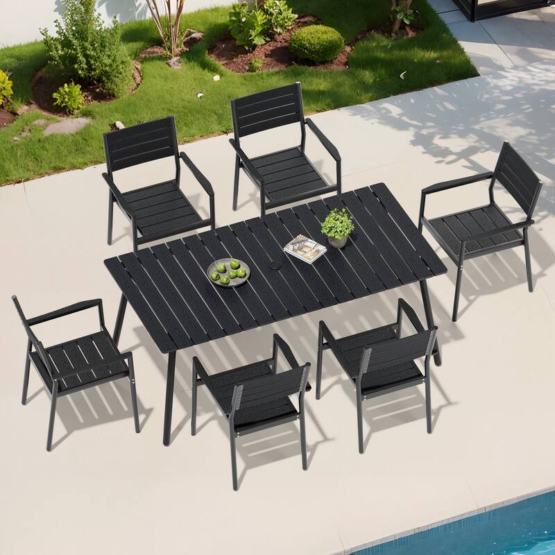 7-Piece Outdoor Dining Set Aluminum Rectangle Patio Dining Table with Umbrella Hole and Stackable Chairs - Black