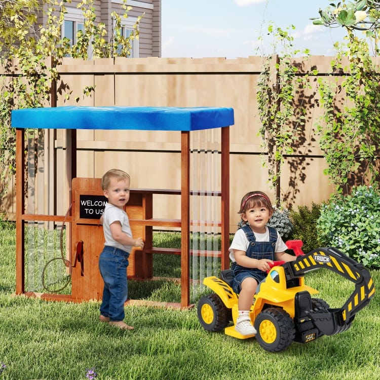 Kids Gas Station Playhouse with Gas Refueling Guns for Aged 3+-Brown - 45" × 35" × 45"