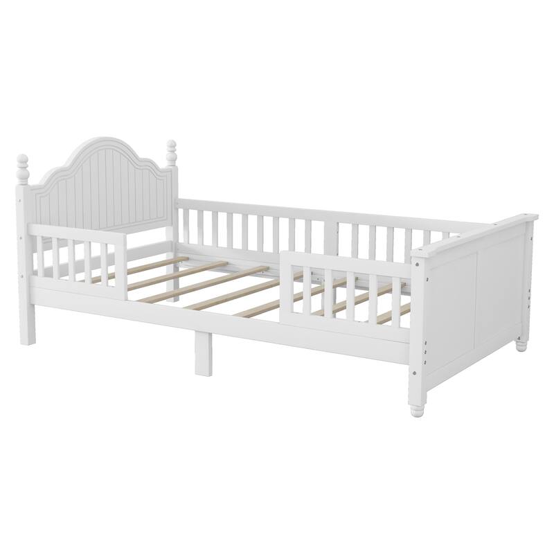 White Twin Size Wood Platform Bed with Headboard, Footboard, and Safety Guardrails for Kids