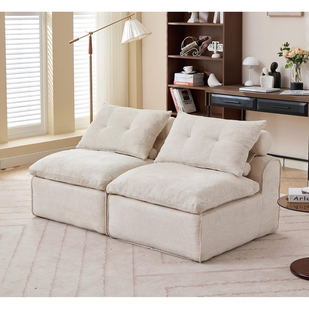 Modular Sofa, 2 Seats, Beige, Upholstered, DIY, No Armrests