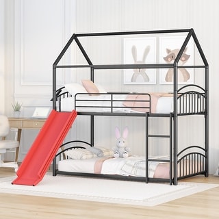 Black+Red Twin over Twin Size Metal Bunk Bed With Slide, Roof, Fence and Ladder for Bedroom