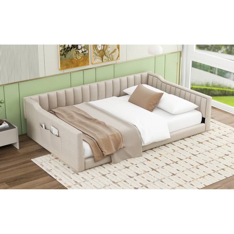 Full XL Size Velvet Upholstered Daybed with Side Storage Pocket, Stylish and Multifunctional Sofa Bed, for Bedroom, Guest Room