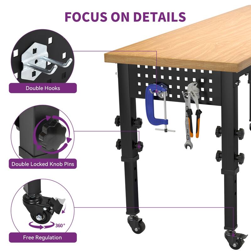 Garage 48" L X 20" W Adjustable Workbench with Swivel Caster