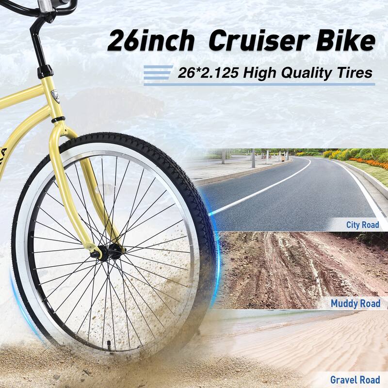 Beach Cruiser Yellow Bike Single Speed Bicycles Men's Bikes 26"Inch