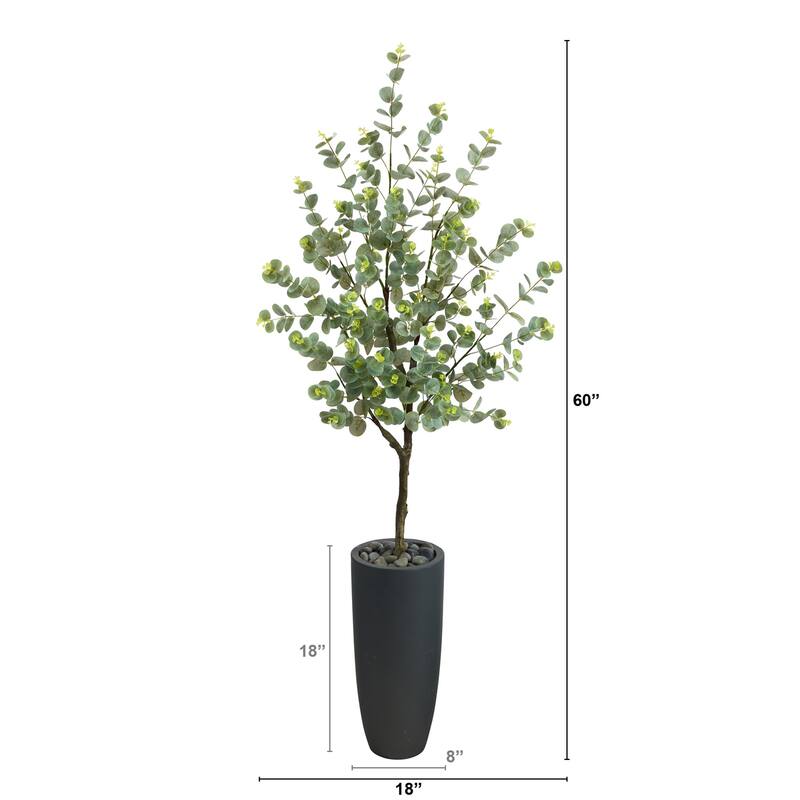 Eucalyptus Artificial Tree with Planter - 5ft Faux Tree Indoor Decor Gray Pot - Green - 61 Inches and Over