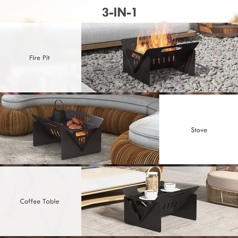 Outsunny 3-In-1 Portable Fire Pit, Stove, Coffee Table, Wood Burning Firepit with Carrying Bag and Quick Assembly