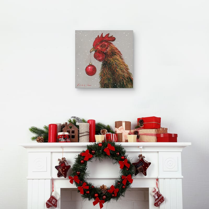 Rooster with Red Xmas Ball by Mary Miller Veazie Canvas Art Print