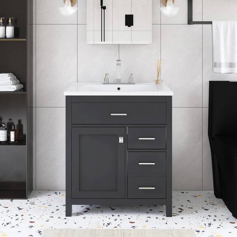 30 in. W x 18 in. D x 34 in. H Single Sink Freestanding Bath Vanity with White Ceramic Top - Black