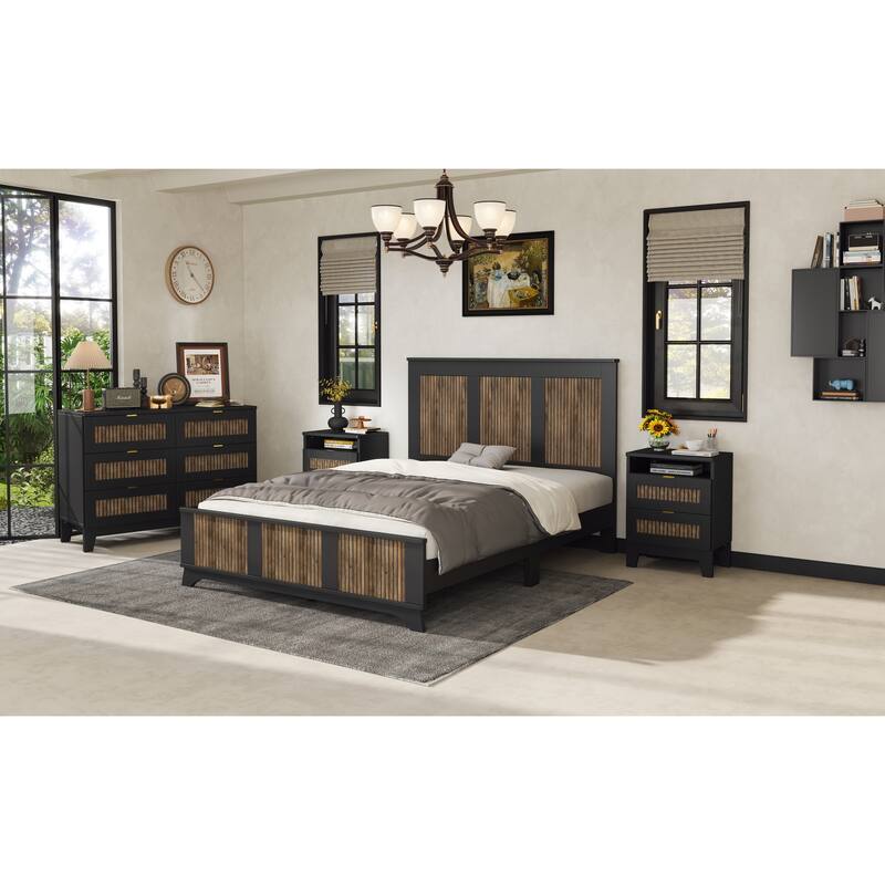 Queen Size Particle Board 4-Piece Platform Bed with Farmhouse, Dresser and Nightstands