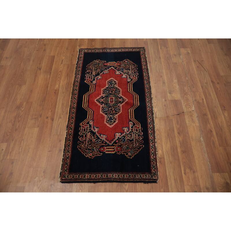 Hand Knotted Oriental 100% Wool Carpet Traditional Medallion Red Senneh Area Rug - 3' 6'' X 1' 9''