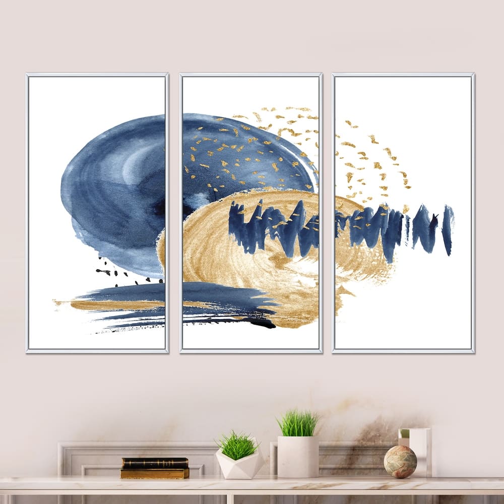 Designart "Dark Blue & Gold Abstract Circle Ocean Texture" Modern Framed Art Set of 3 - 4 Colors of Frames