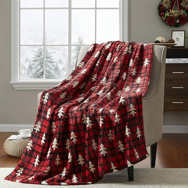 Christmas Tartan Throw Blanket Soft Fleece Red Black Plaid Pattern