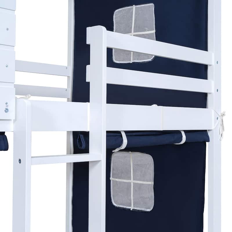 Blue Twin Size Solid Wood House Bunk Bed with Tent, Ladder, and Fence