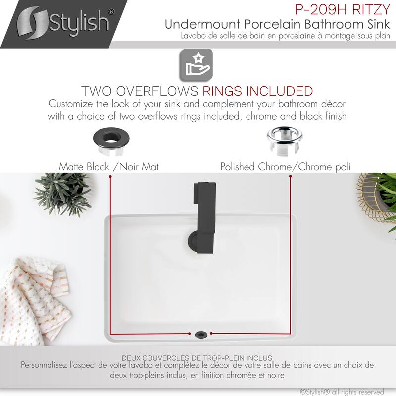 STYLISH 20 3/8 inch Rectangular Undermount Porcelain Bathroom Sink with two Overflow Finishes included