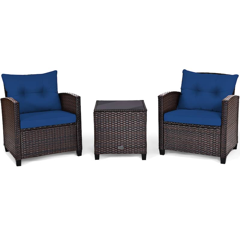 Outdoor 3-piece Cushioned Rattan Patio Furniture Conversation Set - Navy