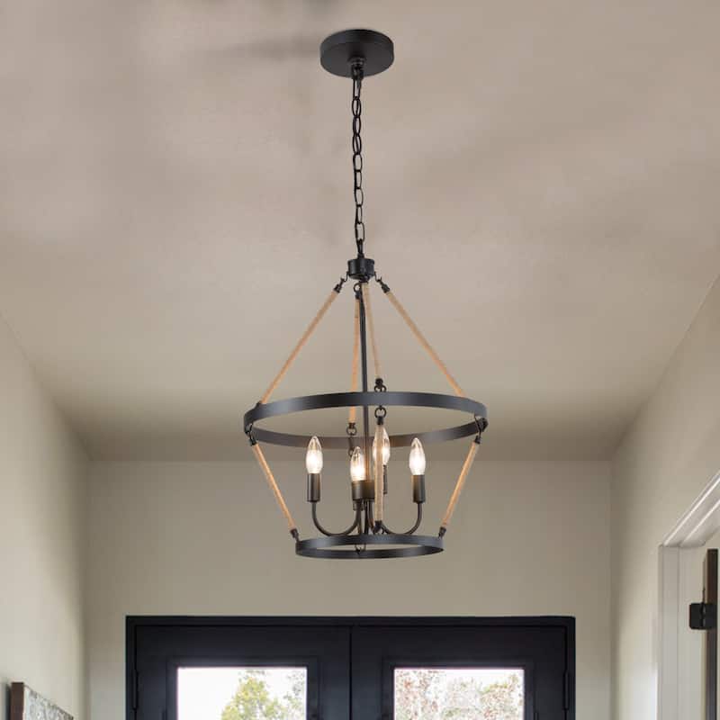 Farmhouse 4-Light Black Cage Wheel Chandelier with Rope Accents for Dining Room - D 17.5"x H 23.5"
