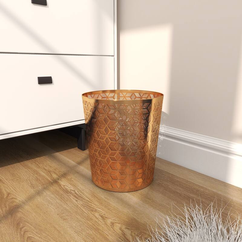 CosmoLiving by Cosmopolitan Gold Metal Small Waste Bin with Laser Carved Floral Design - 9 x 9 x 10