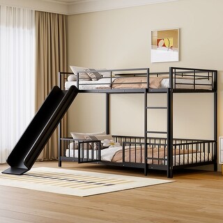 Versatile Metal Bunk Bed with Slide & Ladder, Heavy Duty Low Bunk Beds with Safety Guardrail & Small Door for Girls Boys